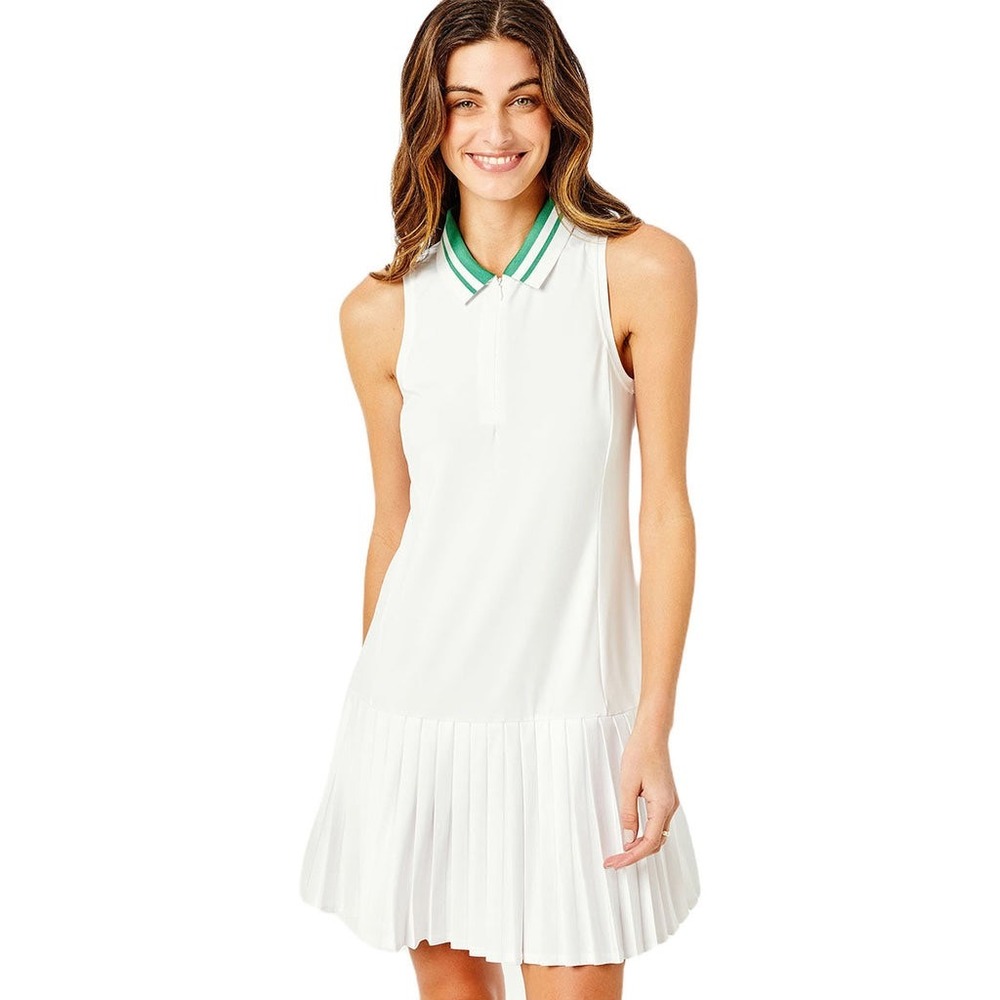 Addison Bay Women's Augusta Pleated Tennis Dress In White/Palm Green Size XS